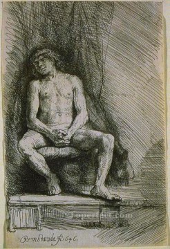レンブラント・ファン・レイン Painting - カーテンの前に座る裸の男からの習作 SIL レンブラント